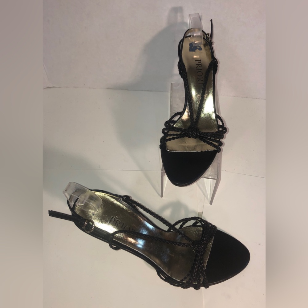 PRIORI Black Strappy Leather Slingback Heels Size 37.5EU (7US) Made in Italy New